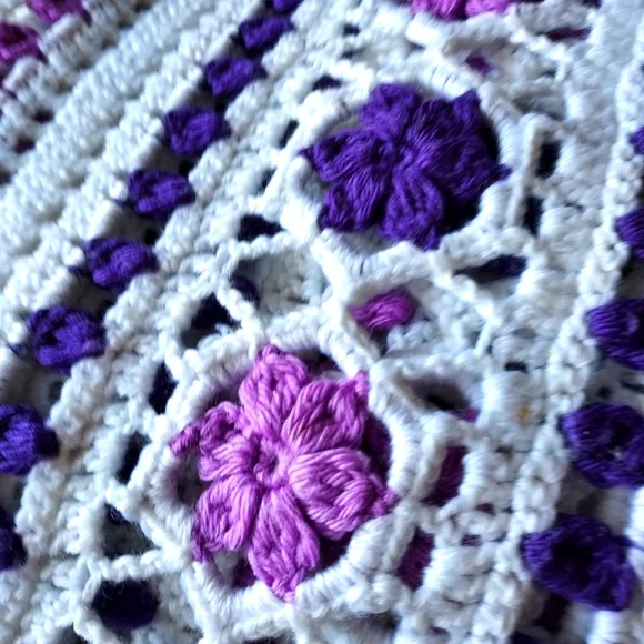Hand Crocheted Blanket: Purple on White background:Size 105" x 68" approx - Picture 2 of 11